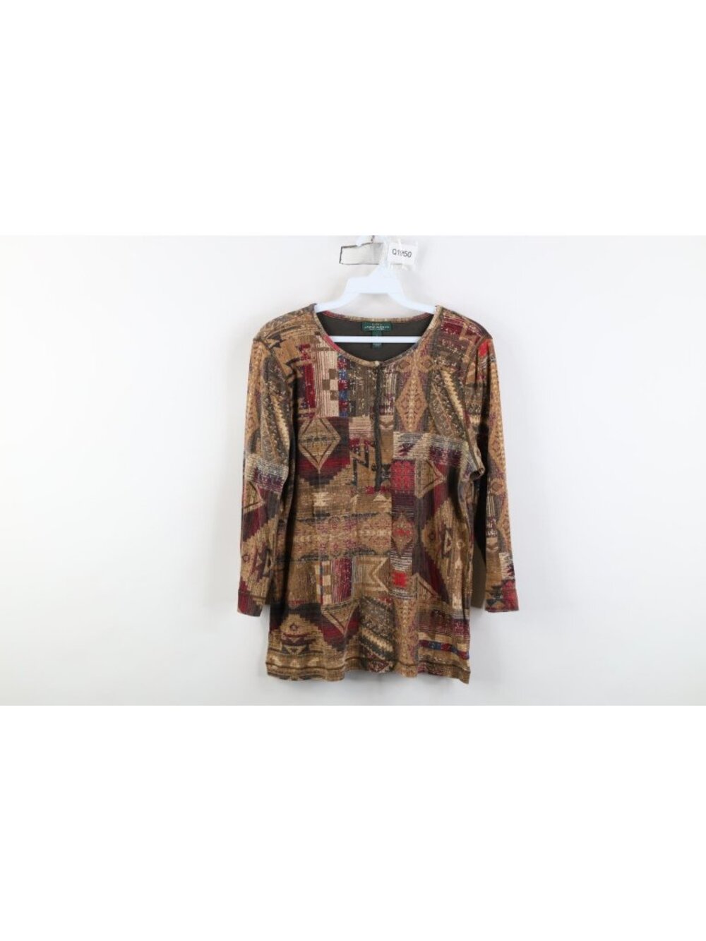 Vtg 90s Ralph Lauren Womens Large Aztec Southwestern 3/4 Sleeve Henley T-Shirt